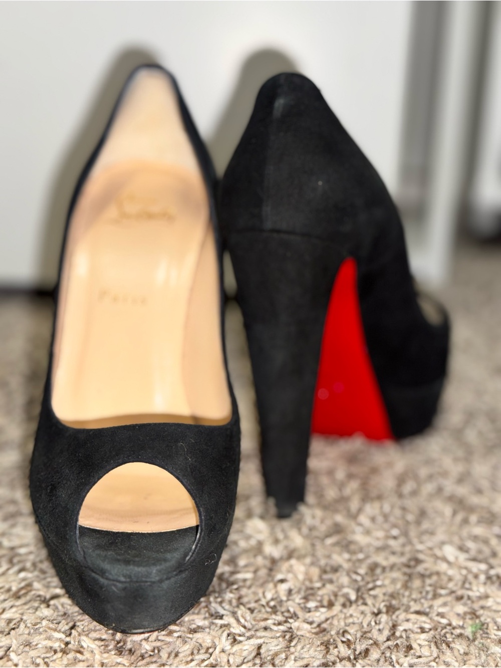 Christian Louboutin Black Suede Peep-Toe Platform Pumps